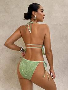 Swim SPRTY Sexig baddräkt med jacquardmönster och blommönster, paljettmönster och halterneck för kvinnor, sommar, strandsemester - Grön - Visa 2