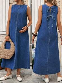 SHEIN Maternity Casual Round Neck Loose Sleeveless Denim Dress, Summer - Blue - View 8
