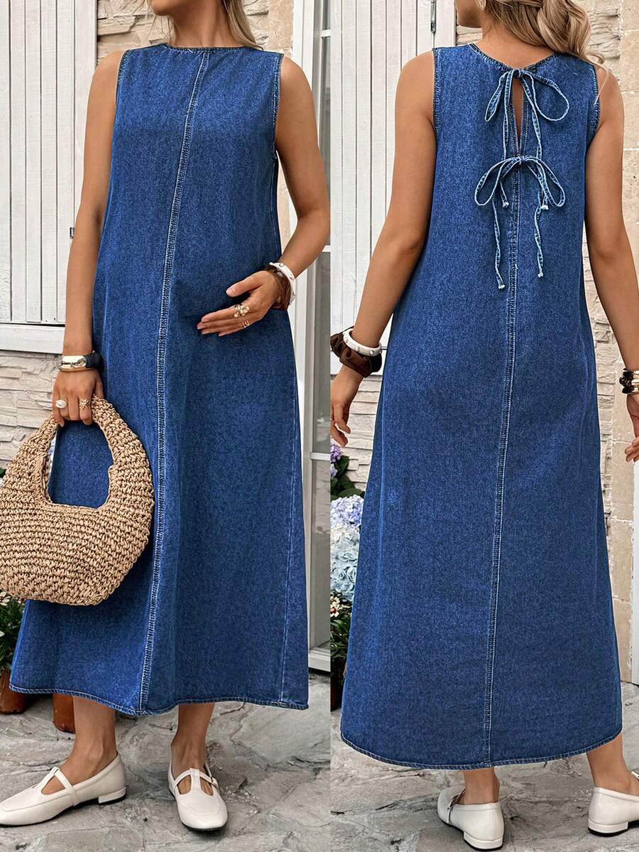 SHEIN Maternity Casual Round Neck Loose Sleeveless Denim Dress, Summer - Blue - View 1