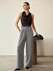 MOTF PREMIUM 女士优雅时尚褶裥裤 - 黑與白 - 查看 3