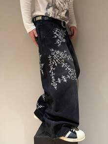 STEELVANCE 铆钉装饰做旧牛仔裤，刺绣点缀，宽松阔腿裤 - 黑色 - 查看 4