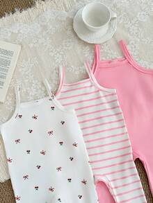 SHEIN 3pcsBaby Girl's Casual, Basic, Versatile Everyday Knitted Jumpsuit, Comfortable, Pink Striped With Bow And Cherry Print, Long Strap, Slim Fit - Multicolor - View 3
