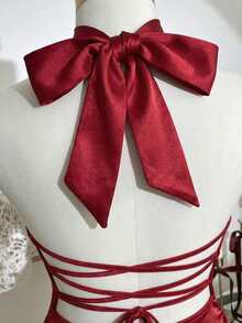 Franclia High-End Satin Dress With Halter Neck, Pleated Details, Elegant Summer Style, Fitted Waist, Hip-Hugging Design, Asymmetrical Hem, Women's Satin Dress, Spring/Summer Women's Dress, Elegant Party Dress, Vacation Outfit, Valentine's Day Outfit, Sexy Dress, Sleeveless Dress.Fashionable Casual Commuter Wear, Business Office Wear, Versatile And Stylish Everyday Casual Wear, Urban Teacher's Professional Attire - Red - View 3