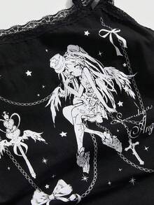 ROMWE Bộ 2 món: Áo hai dây in hình cánh chim hoạt hình dễ thương và quần ống loe cạp thấp. - màu đen - Xem 4