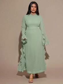 SHEIN BAE Gaun Maxi Wanita Ukuran Besar Warna Cokelat Lengan Panjang Bahan Chiffon dengan Ruffle dan Lengan Mengembang - Mint Green - View 1