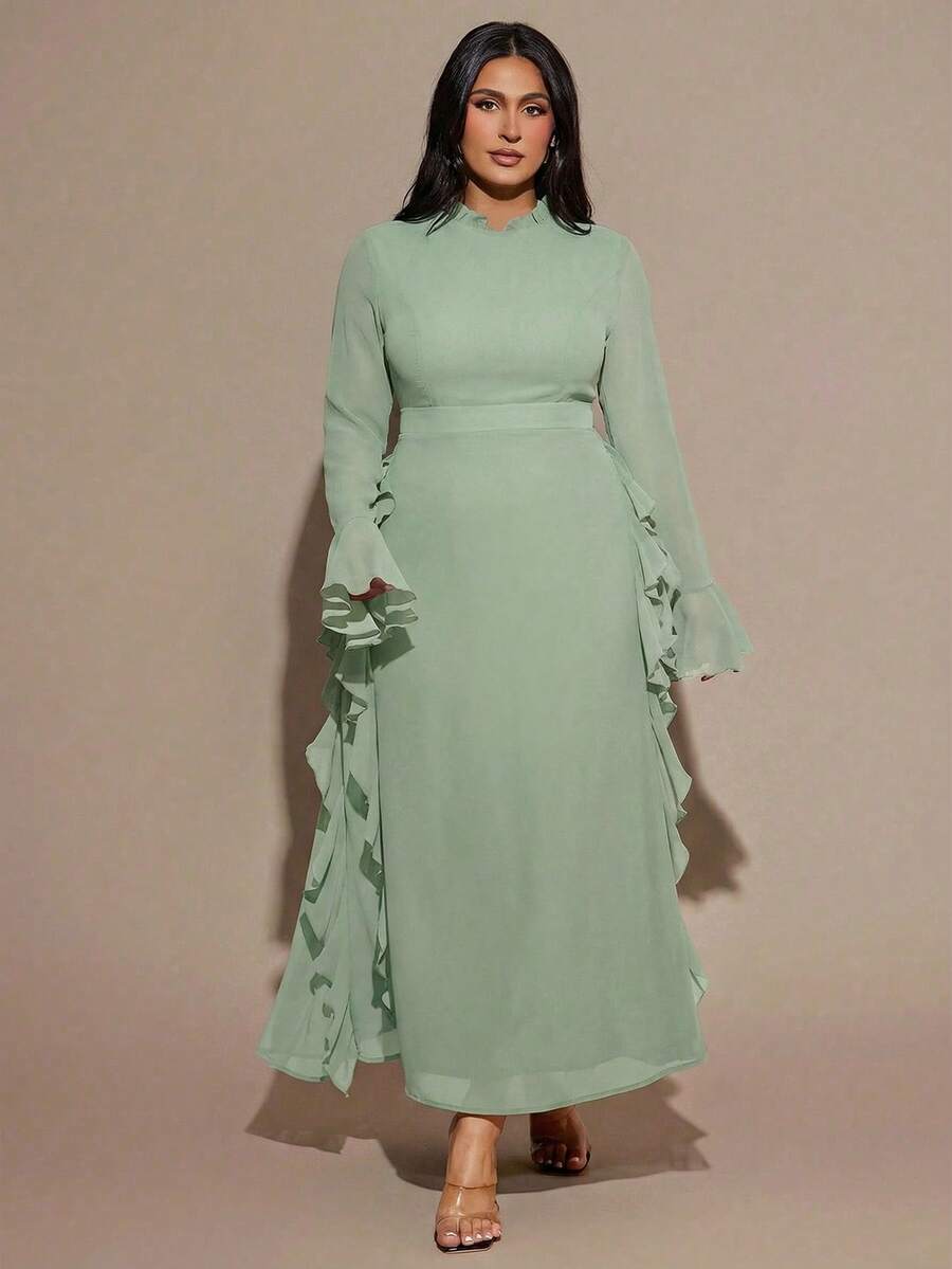 SHEIN BAE Gaun Maxi Wanita Ukuran Besar Warna Cokelat Lengan Panjang Bahan Chiffon dengan Ruffle dan Lengan Mengembang - Mint Green - View 1