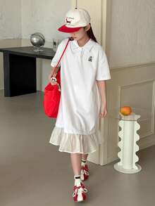 DAZY Tween Girl Collared Button Half Placket Animal Print Casual Vacation Everyday Short Sleeve Dress - White - View 7