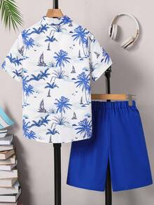 SHEIN Vacaura 2pcs Casual Versatile Beach Vacation Style Coconut Tree Print Digital Shirt + Shorts Set, Suitable For Daily Commute And Outdoor Wear, Teenagers - Royal Blue - View 2