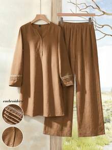 Rusticease 2pcs Women Elegant Casual Embroidered Detail Notched Neck Long Sleeve Top And Pants Set - Mocha Brown - View 1