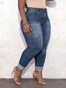 CurvyTilda 大碼高腰毛邊緣緊身牛仔褲 - 深色水洗藍 - 查看 4