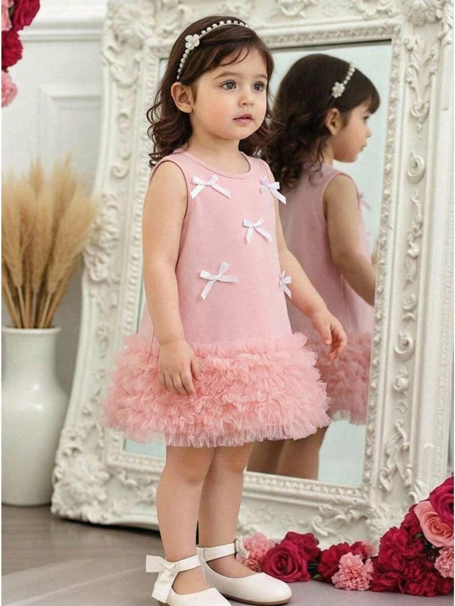 Glamorique Kids 女宝宝可爱汽车和蝴蝶结荷叶边下摆褶皱粉色网眼针织无袖连衣裙,夏季韩版 - 粉色 - 查看 1