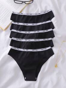 EasyFave 5pcs/Pack Women's Breathable Comfortable Elastic Waistband Panties - Black - View 1