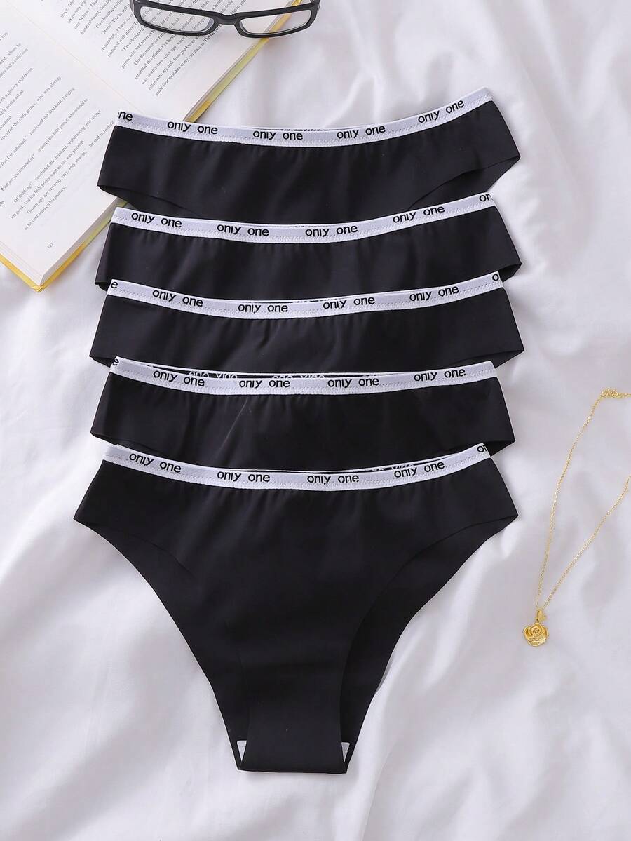 EasyFave 5pcs/Pack Women's Breathable Comfortable Elastic Waistband Panties - Black - View 1
