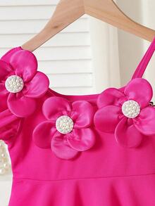 Elladie kids 2件套 女童节日红色3D立体花朵珍珠装饰吊带背心+喇叭裤，适合生日、度假、派对、春夏穿着 - 玫紅色 - 查看 9