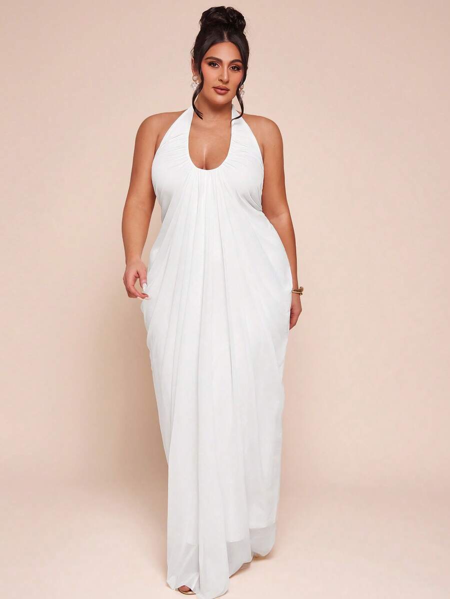 SHEIN BAE 加大码白色U领褶皱裹身系带连衣裙 - 白色 - 查看 1