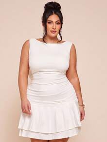 SHEIN BAE Plus Size Women Solid White Sleeveless Ruched Back Bow Decor Mini Bodycon Dress, Summer Dresses, Spring Clothing - White - View 6