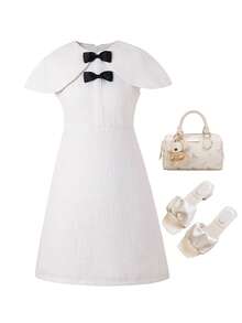 SHEIN 少女编织休闲二合一连衣裙 女童白色连衣裙 儿童提花连衣裙 女童白色蝴蝶结连衣裙 女童优雅白色连衣裙 女童翻领连衣裙 - 白色 - 查看 6