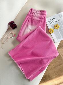 Elamini 女士带口袋纽扣休闲百搭日常穿着阔腿牛仔裤 - 粉色 - 查看 3