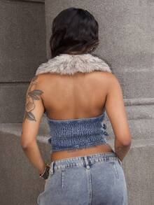 Rayane Ketlyn Y2K Removable Faux Fur Collar Denim Jacket For Women - Blue - View 2