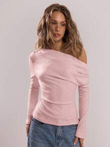 SHEIN BAE 女士休闲纯色不对称领衬衫，春秋季 - 粉色 - 查看 6