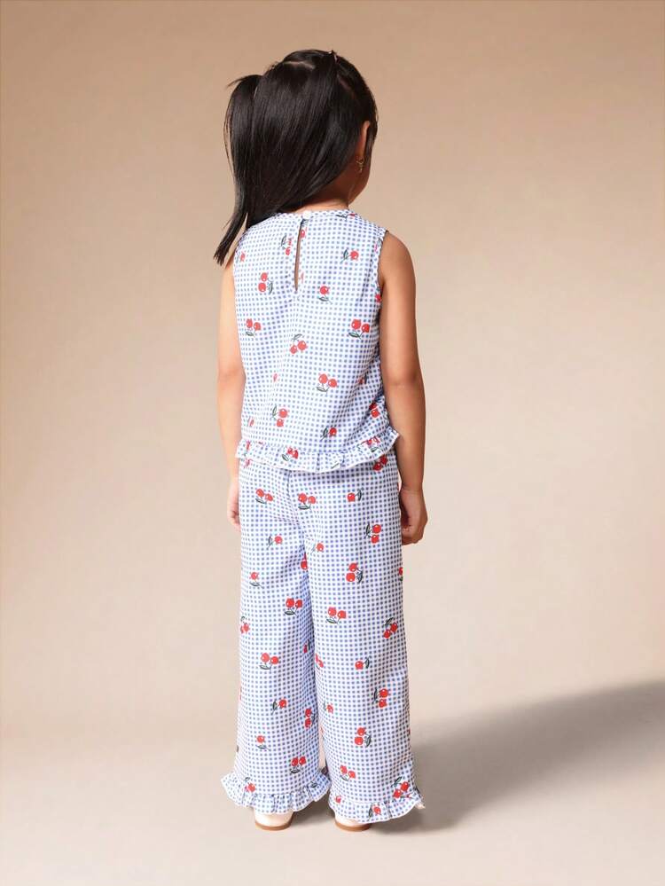 Sleeveless Tee And Ruffle Pant Set With Cherry Print