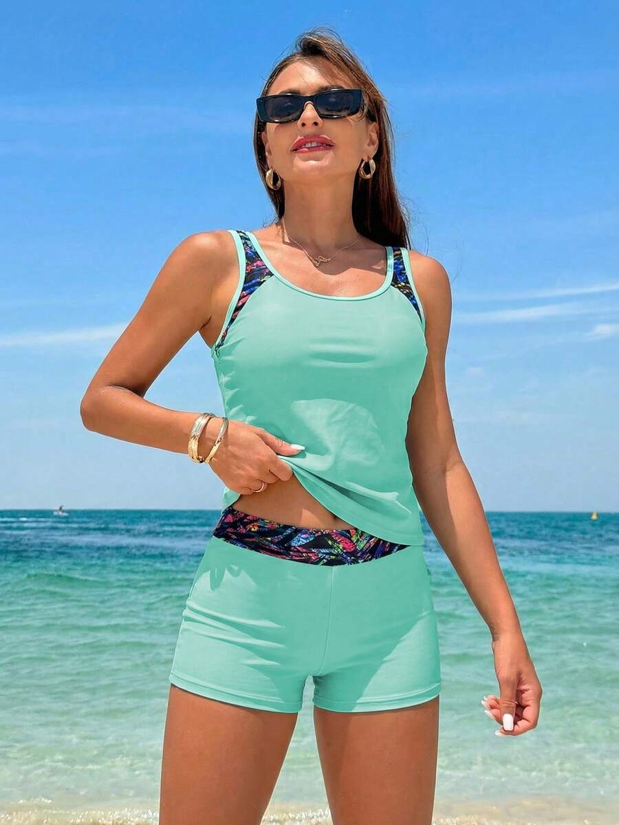 Swim Lushoire Women's Summer Beach Tropical Plant Print Patchwork Tankini Swimsuit Set - Mint Green - View 1