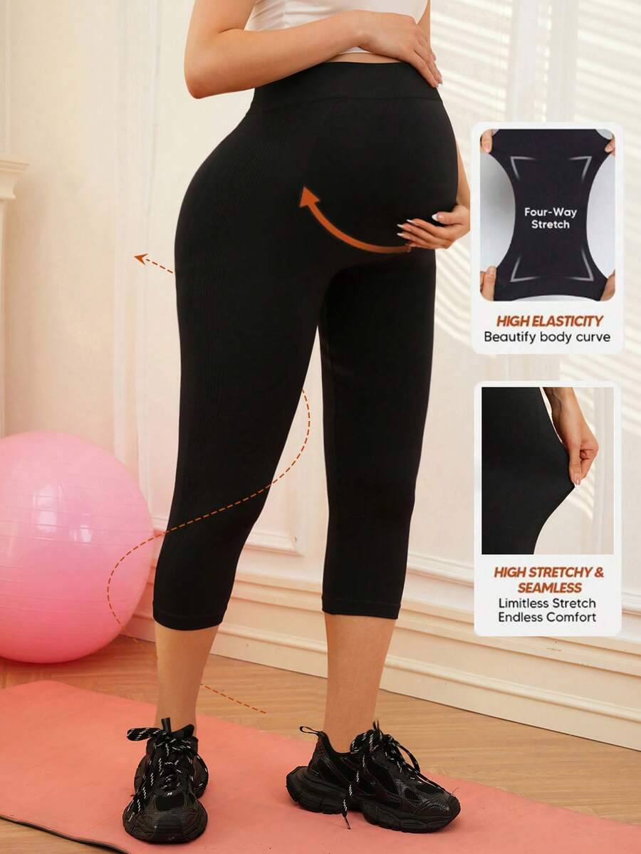 SHEIN Maternity Solid Color High Waist Casual Versatile Sports Capri Pants - Black - View 1