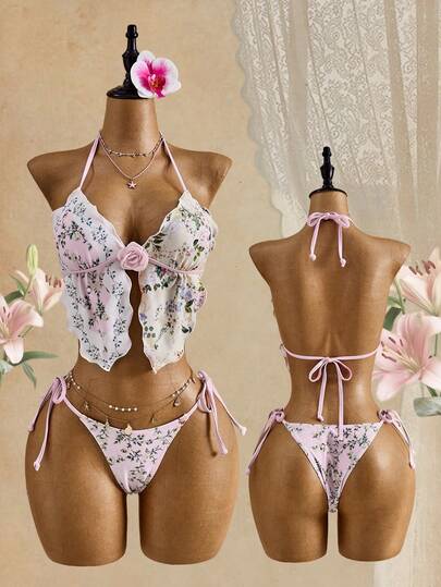 Bellisia Women's 26SS Spring/Summer Beach Outfit, Women's Bikini Set, 2-Piece, Elegant Romantic Sweet Cute Ditsy Floral For Beach Vacation, Delicate 3D Floral Decor, Removable Padded Triangle Bikini Set,New 2026 Spring/Summer Women's Beachwear Collection Is Now Available! Featuring Fashionable Swimwear And Beach Vacation Pieces, This Collection Offers A Sexy And Luxurious, Elegant And Romantic, Sophisticated And Simple, Sweet And Cute, Casual And Versatile Bohemian Style Perfect For All Seasons. Suitable For New Year's, Valentine's Day, Back-To-School Seasons, And Travel, This Collection Is Ideal For Vacations, Beaches, Afternoon Tea Picnics, Music Festivals, Parties, Dates, Everyday Wear, Casual Wear, Outdoor Sports, Road Trips, And Various Other Occasions.