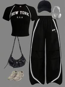 Girlism Teen Girl English Text Print Patchwork Reflective Tape T-Shirt And Pants Casual Suit - Black - View 1