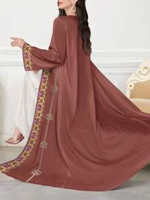 SHEIN Najma Women's Floral & Geometric Print Faux Embroidery Long Sleeve Casual Arabic Abaya Cardigan Maxi Jacket, Spring/Autumn - Multicolor - View 3