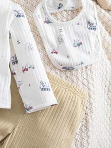 Newborn Baby Boy/Girl Casual Cute Cartoon Pattern Knit Long Sleeve Top, Pants, Bib 3pcs Set - Multicolor - View 8