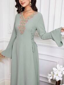 Yasmyna New Embroidered Cinched Waist Elegant Romantic Vacation Party Dress - Olive Green - View 3