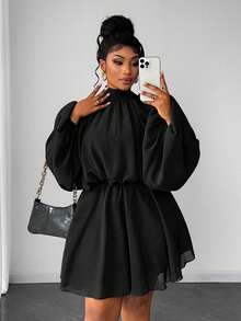 Maweii Plus Size Elegant Solid Color Stand Collar Lantern Sleeve Dress, Suitable For Commuting - Black - View 3