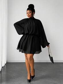 Maweii Plus Size Elegant Solid Color Stand Collar Lantern Sleeve Dress, Suitable For Commuting - Black - View 6