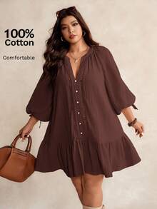 Elaquor Plus Size Casual Solid Color Notched Neck Lantern Sleeve Dress Brown/ Spring To Summer - Brown - View 2