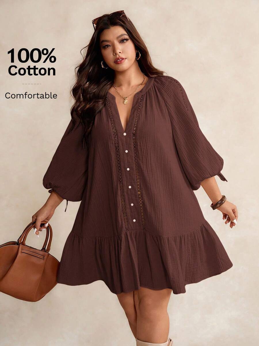Elaquor Plus Size Casual Solid Color Notched Neck Lantern Sleeve Dress Brown/ Spring To Summer