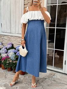 SHEIN Maternity Summer Casual Color Block Off Shoulder Denim Dress Spring To Summer Valentine's Day Carnival Costume Commuting Vacation Graduation Chic Y2k Cute Streetwear Coquette Party Wedding Elegant Business Casual Woman Women Fashionable A-Line Denim Midi Dress Versatile Casual Blue For Everyday Wear - Blue - View 3