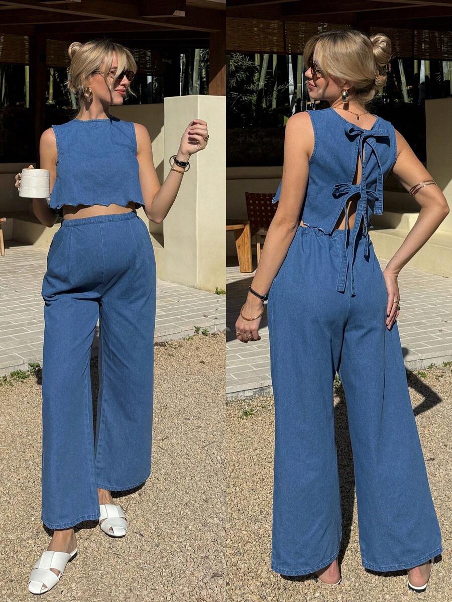 SHEIN 2件套孕妇休闲牛仔露脐背心和牛仔裤套装，夏季 - 藍色 - 查看 1