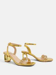 CUCCOO TILAWA Giày sandal cao gót nữ thời trang, thanh lịch, kiểu dáng bất đối xứng, mạ điện, đính đá pha lê vàng, thích hợp cho các buổi tiệc, liên hoan và các dịp khác. - Vàng - Xem 4