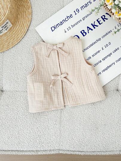 SHEIN Newborn Baby Girl Casual Cute Versatile Apricot Bow Sleeveless Tank Top