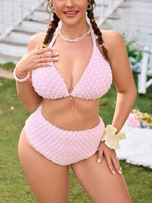 Swim Mod 大码女士三件套波点比基尼套装 - 粉色 - 查看 5