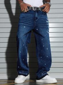 Manfinity EMRG Men's Street Style Rhinestone Print Wide-Leg Denim Pants - Dark Wash - View 4
