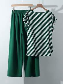 GlowEve CURVE Bộ 2 món cỡ lớn gồm áo và quần ống rộng dáng suông thiết kế nơ, áo sơ mi kẻ sọc xanh lá cây và quần xanh lá cây, tay loe cổ chữ V. - Nhiều màu - Xem 2