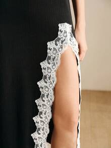 女士V领无袖金属装饰纽扣下摆蕾丝拼接开衩设计休闲性感约会派对俱乐部度假长裙，黑色 - 黑色 - 查看 5