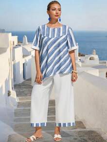 EMERY ROSE Plus Size Women Loose Casual Round Neck Short Sleeve Faux Linen Bamboo Striped Print Contrast Color Casual 2-Piece Set, Spring/Summer - Blue and White - View 7