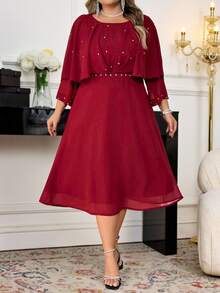 SHEIN CURVE+ Valentine's Day Plus Size Women's Elegant Rhinestone Decorated Cape Dress, Summer Curve Plus Dress Red Plus Size Dress - Burgundy - View 6