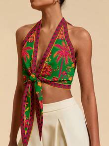 Travachic Boho Women's Deep V Neck Sleeveless Crop Top With Vibrant Plant Pattern And Front Knot - White - View 5