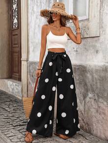 Pariaura Pantalones de pierna ancha con estilo francés y lunares con presillas para cinturón para mujer - Negro - Ver 7