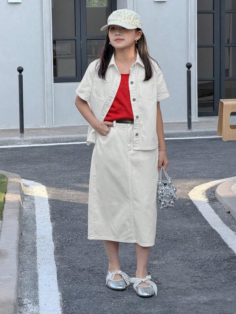 Tween Girl Collared Single-Breasted Short Sleeve Cardigan And Denim Skirt Casual Outfit
