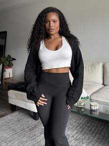 Tyla Gomez Cárdigan de mujer negro casual de 1 pieza con mangas de murciélago acanaladas, tops de manga larga en otoño/invierno - Negro - Ver 1